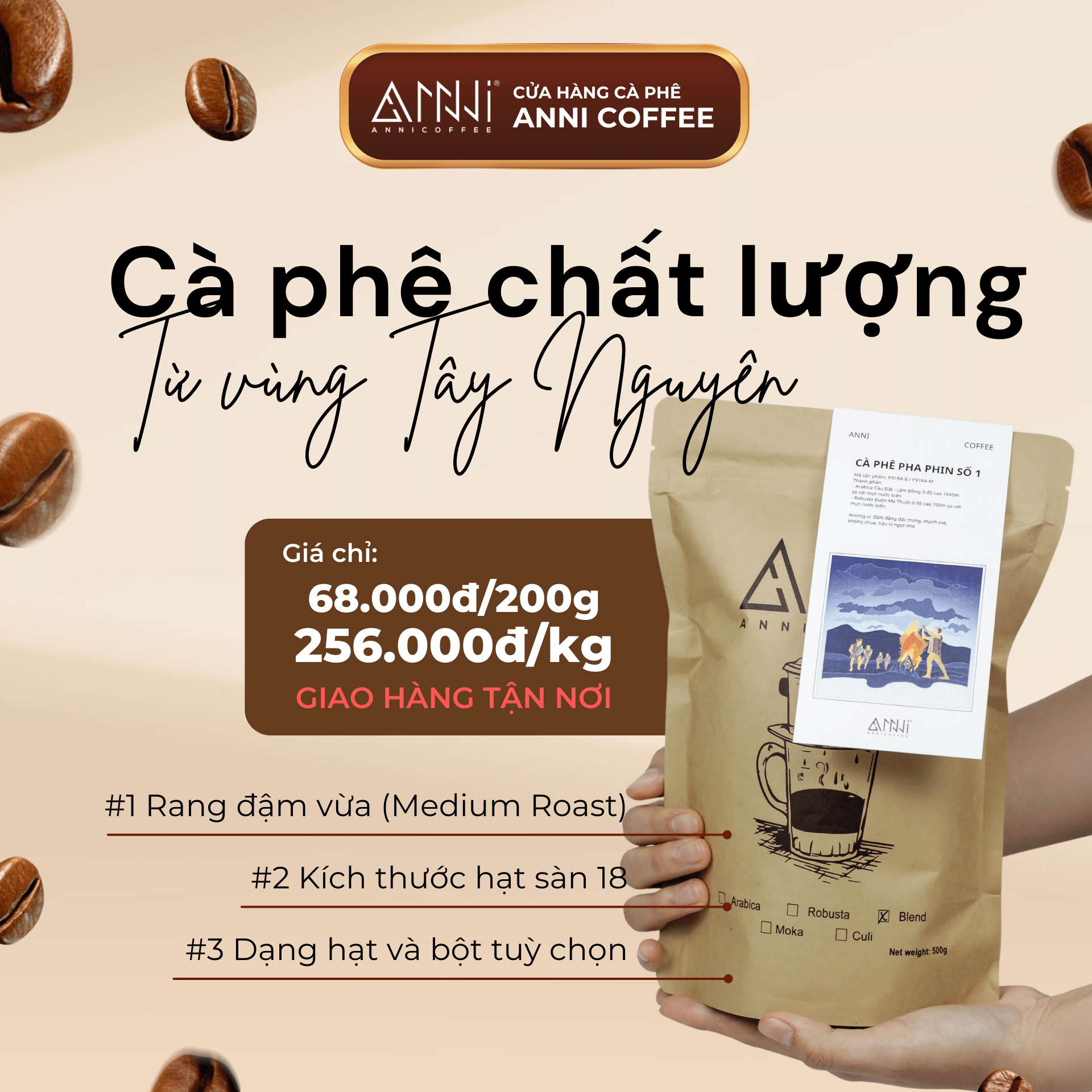 Cà phê pha phin số 1 Anni Coffee - Đậm đắng đặc trưng, mạnh mẽ, không chua, hậu vị ngọt nhẹ