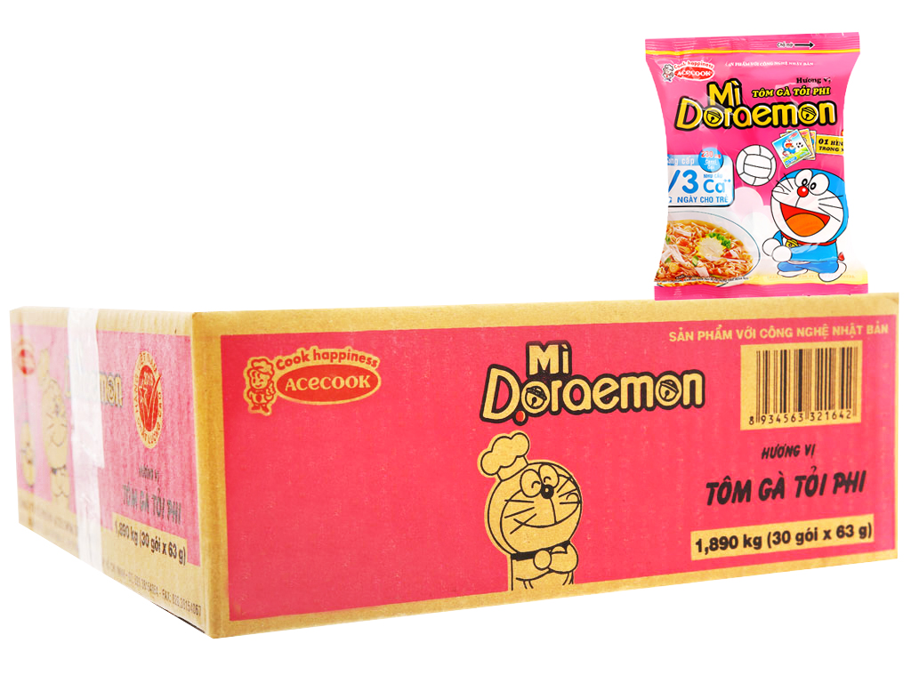 Thùng 30 gói mì Doraemon vị tôm gà tỏi phi 63g