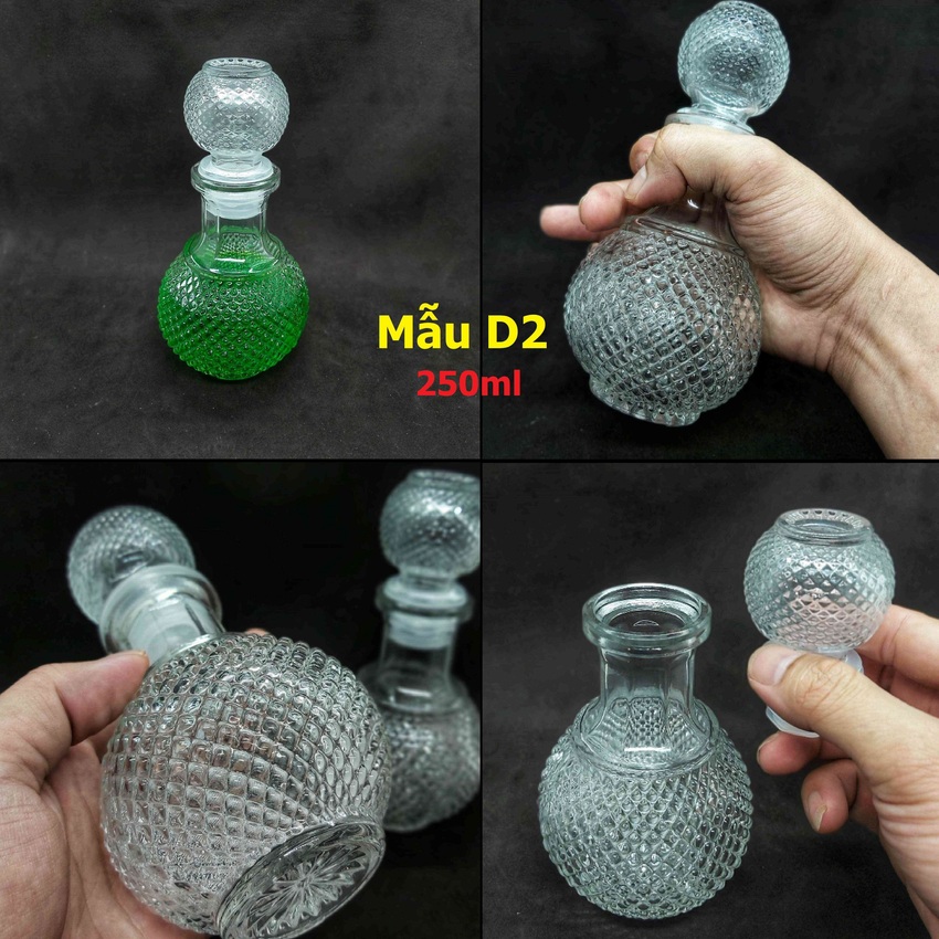 Chai Đựng Rượu Mini 250ML (combo 3 cái) bầu tròn giác kim cương nổi – Vỏ Chai Rượu Mini - Chai Thủy Tinh Đựng Rượu - Bình Đựng Rượu Thủy Tinh (D2)