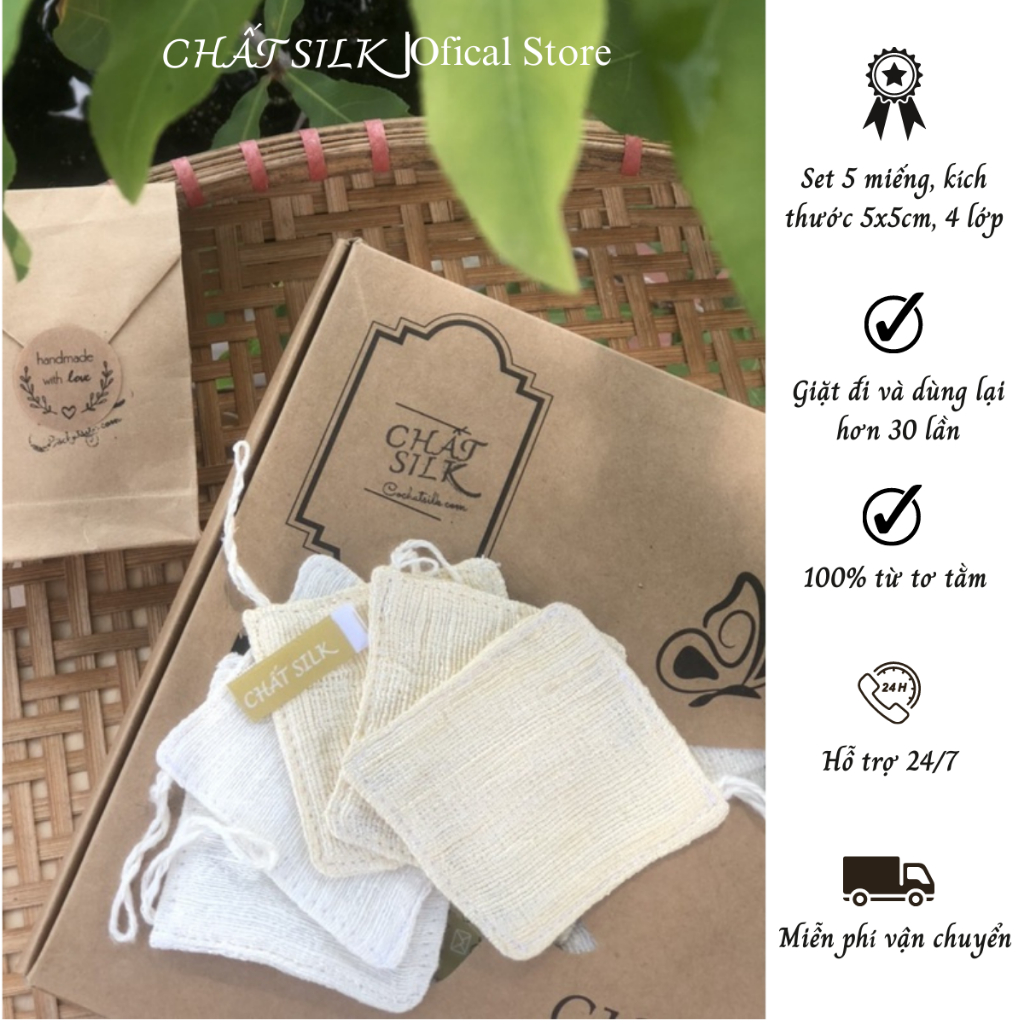 Set 5 bông tẩy trang tơ tằm làm sạch da CHẤT SILK 100% thiên nhiên bảo vệ