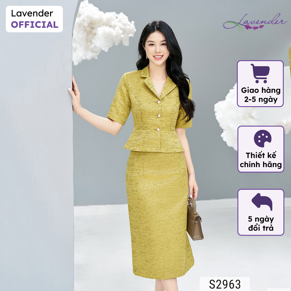 Set vest nữ công sở LAVENDER màu vàng vải tafta kiểu dáng peplum S2963