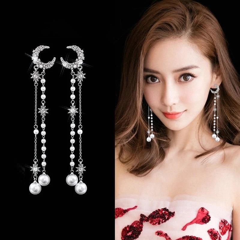 [HCM]Bông Tai Mặt Trăng Ngọc Trai Dài Tua Rua Sang Trọng Quí Phái BTMOONPEARLTUARUA06