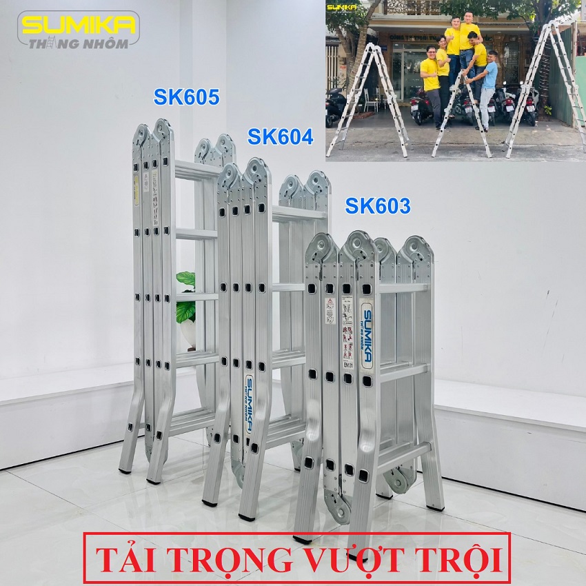 Thang nhôm đa năng, thang nhôm gấp 4 đoạn sumika sk603 sk604 sk605- 14 tư thế sử dụng - bảo hành 24 tháng - luôn có phụ kiện thay thế