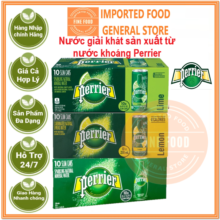 Thùng 10 lon Nước khoáng Perrier hương Chanh vàng, chanh xanh, tự nhiên