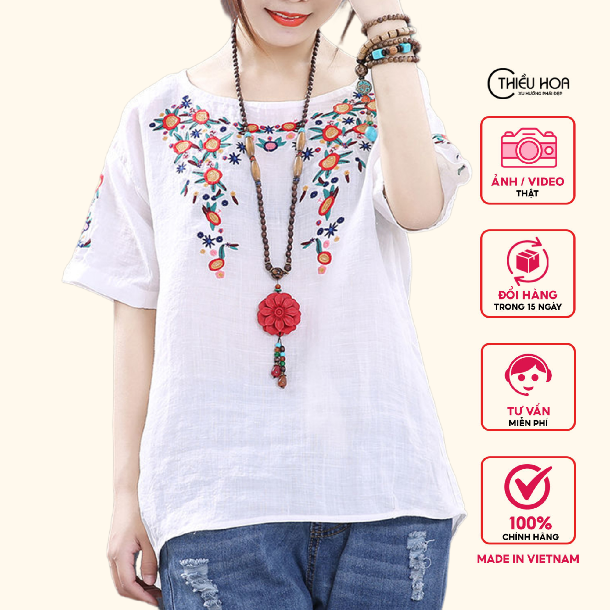 Áo trung niên Linen thêu Thiều Hoa H0212