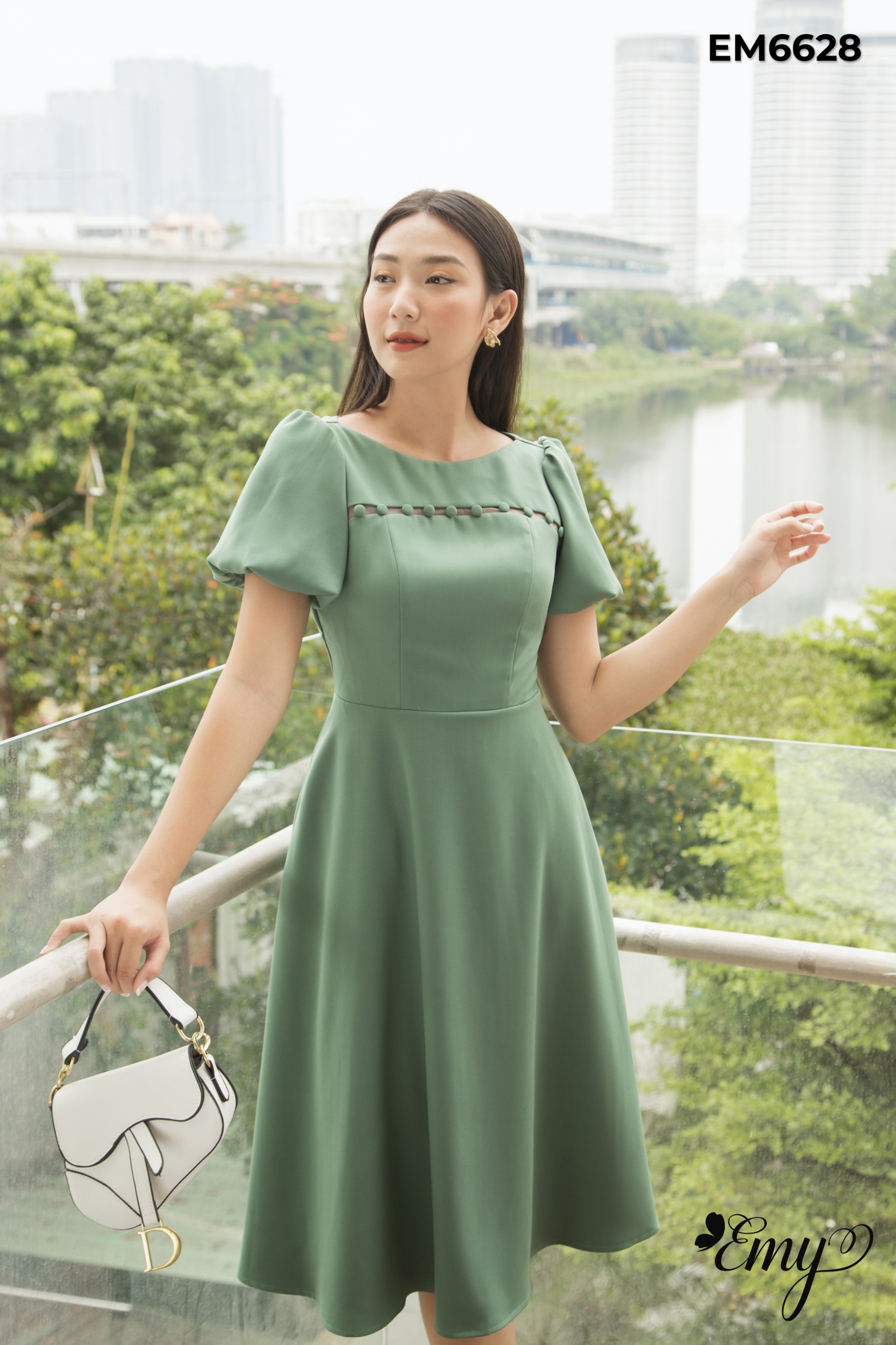 Đầm emy em6628 xoè xanh tay phồng