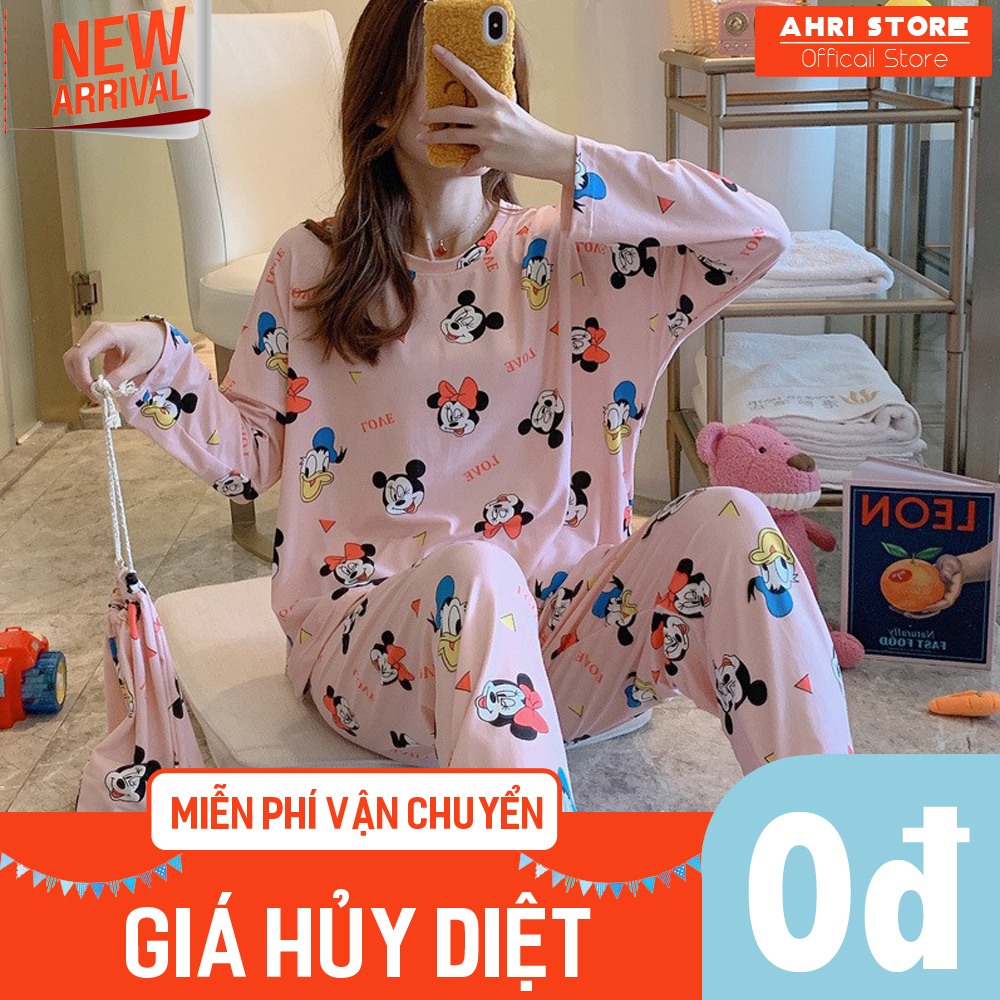 Bộ quần áo ngủ thun mỏng thu đông chất mỏng dịu siêu đẹp, thời trang, họa tiết cute AHRI.DN01