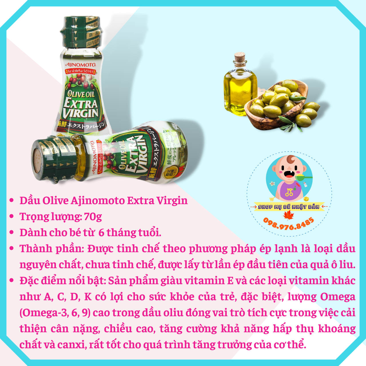 Dầu Olive Ajinomoto Extra Virgin Nguyên Chất Từ Nhật Bản - Chai 70g
