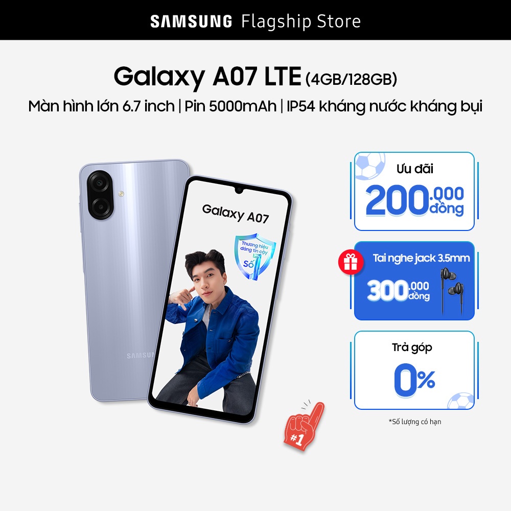 [KIỂM TRA GIỎ HÀNG] Điện Thoại Samsung Galaxy A07 (4/128GB), Màn Hình Lớn 6.7'', Pin 5000mAh, IP54 Kháng Nước Kháng Bụi