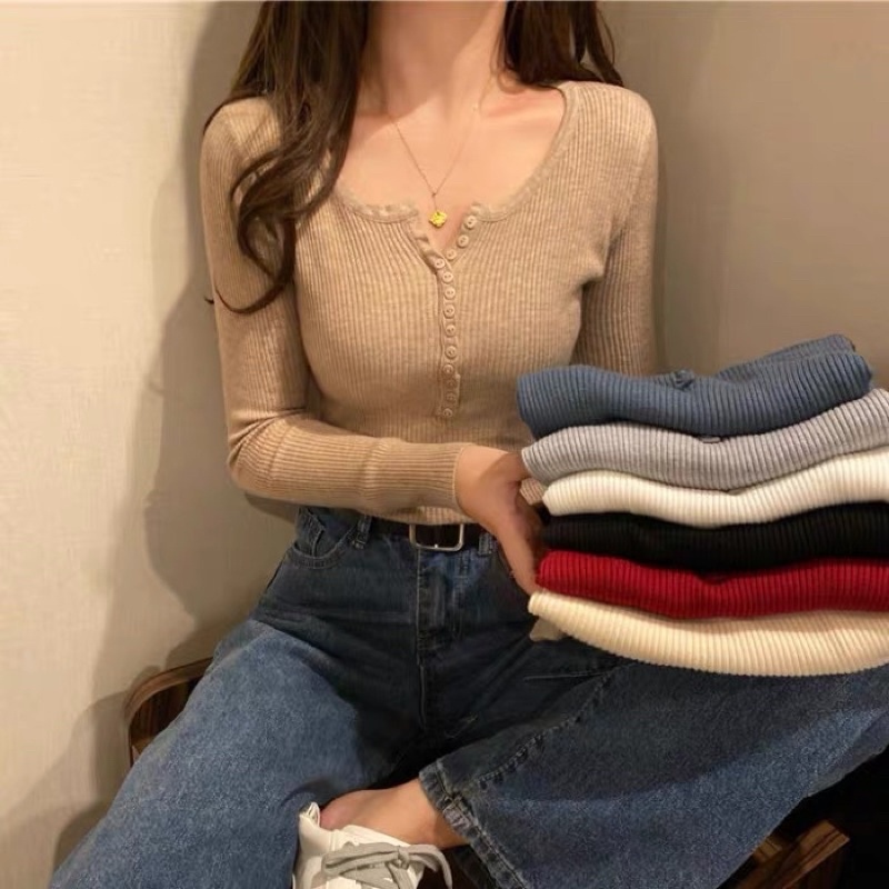 [ HOT SALE ] Áo len dệt kim cổ chữ V dáng ôm tay dài phong cách Hàn Quốc MS05