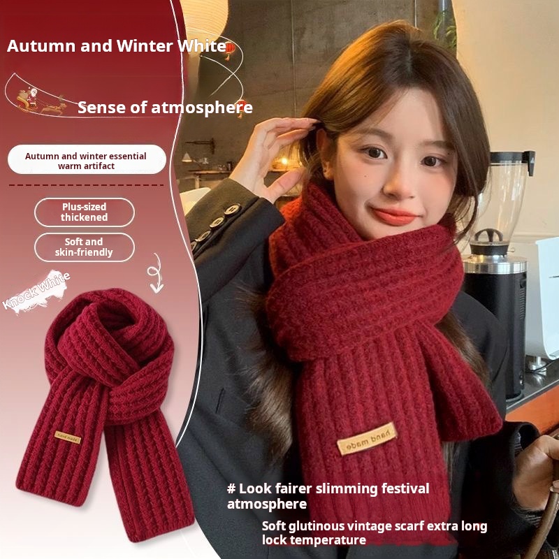 Khăn quàng cổ đa năng phong cách Hàn Quốc khăn quàng cổ len dệt kim màu đỏ cho nữ quà tặng năm mới mùa đông 2024 cao cấp quà tặng giáng sinh khăn quàng đôi