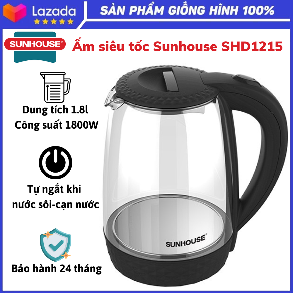 Ấm siêu tốc thủy tinh Sunhouse SHD1215 1.8L, Cống 1800W đun sôi nước nhanh, Miệng rót có khe chống, Ấm siêu tốc sôi nhanh, Ấm siêu tốc giữ nhiệt, Bảo hành 24 tháng