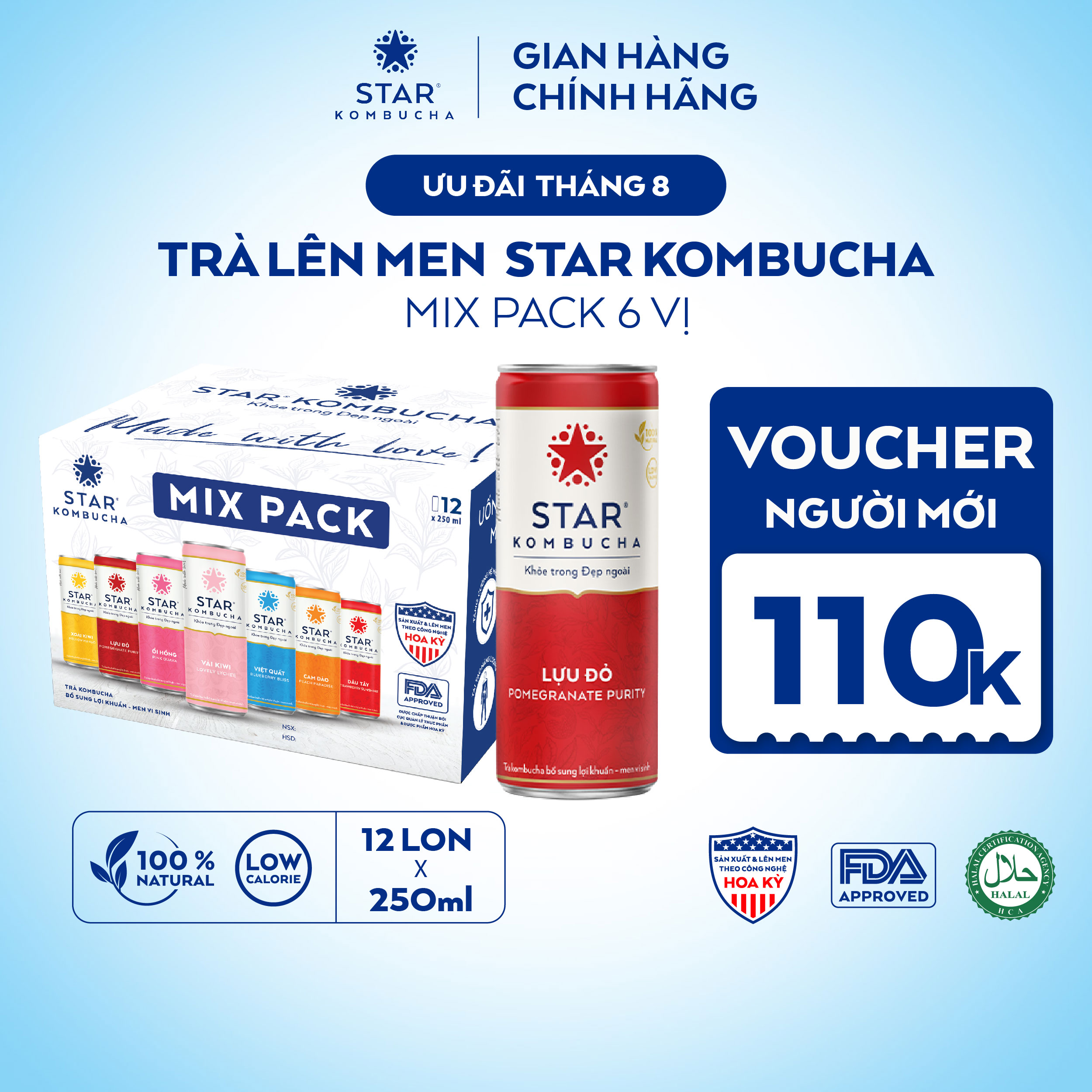 Thùng 12 lon trà lên men STAR KOMBUCHA mix 6 vị (250ml/lon)