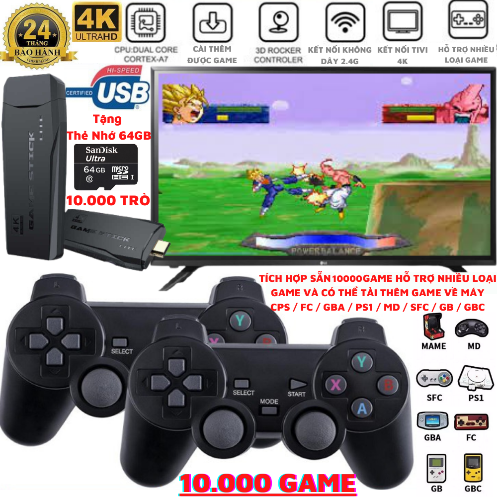 [BẢO HÀNH 2 NĂM-TẶNG THẺ NHỚ 64GB] Máy Chơi Game 4 Nút Không Dây - Máy Chơi Game Không Dây Cổng HDMI 4K, Có Sẵn 10.000 Game, Hỗ Trợ Tải Game Dạng CPS/FC/ GBA/ PS1/ MD/ SFC/ GB/ GBC, máy chơi gamer điện tử cầm tay, máy chơi game trên tivi