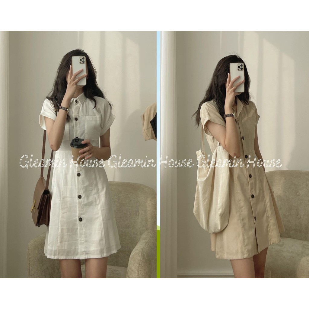 [Ảnh thật/Sẵn] Váy đũi túi ngực cúc gỗ/Đầm linen cổ sơmi cúc gỗ suông 3 màu [HÀNG QUẢNG CHÂU LOẠI 1]