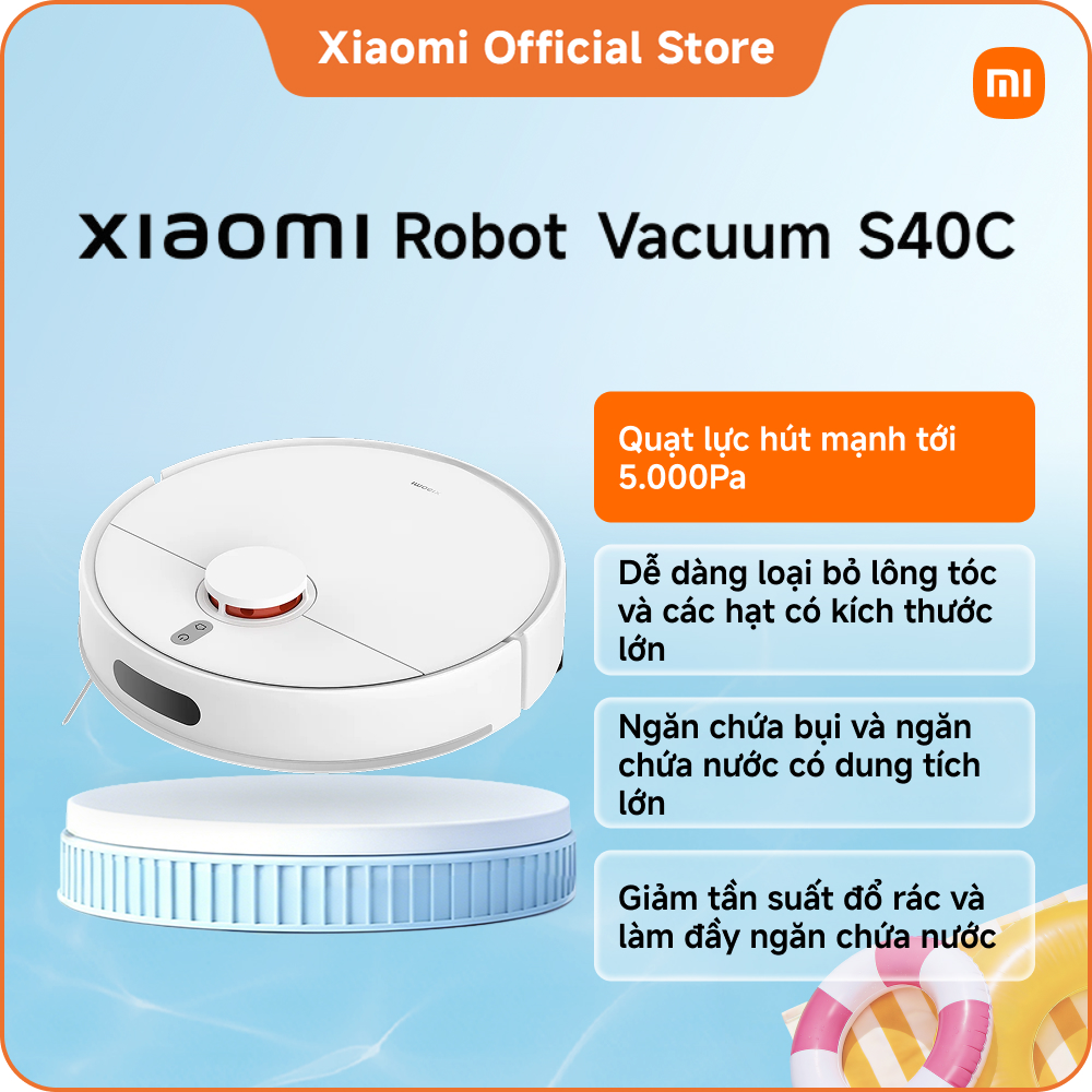 Xiaomi Robot Vacuum S40C | Quạt lực hút mạnh tới 5.000Pa | Dễ dàng loại bỏ lông tóc và các hạt có kích thước lớn | Ngăn chứa bụi và ngăn chứa nước có dung tích lớn | Giảm tần suất đổ rác và làm đầy ngăn chứa nước