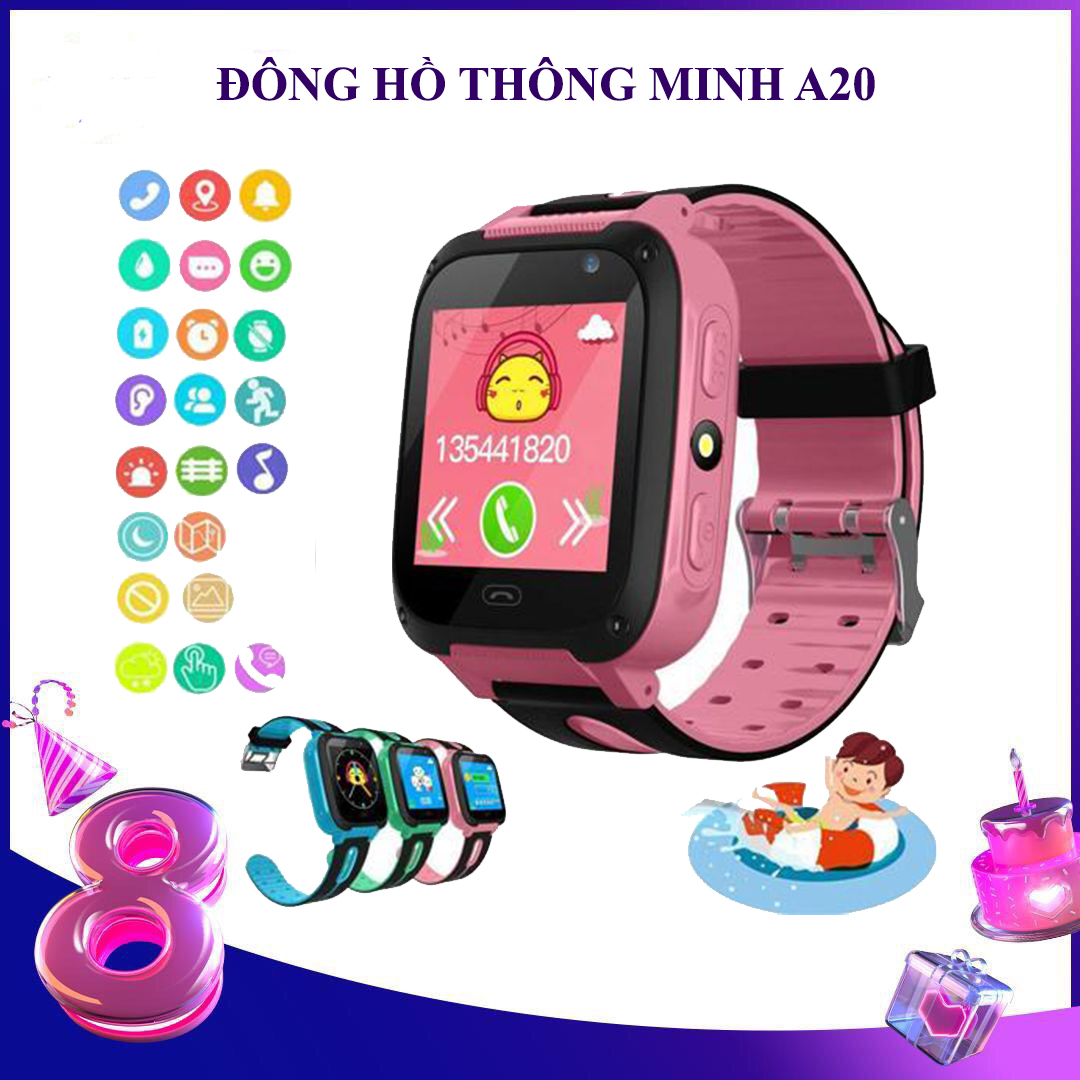 Đồng hồ thông minh A20 lắp sim nghe gọi, Nhắn tin thoại hai chiều như điện thoại, định vị LBS,màn hình cảm ứng,SOS (đông hồ định vị trẻ em, đồng hồ thông minh trẻ em))