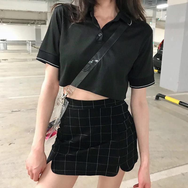 ÁO CROPTOP CÓ CỔ MÀU ĐEN THUN COTTON CỰC CHẤT