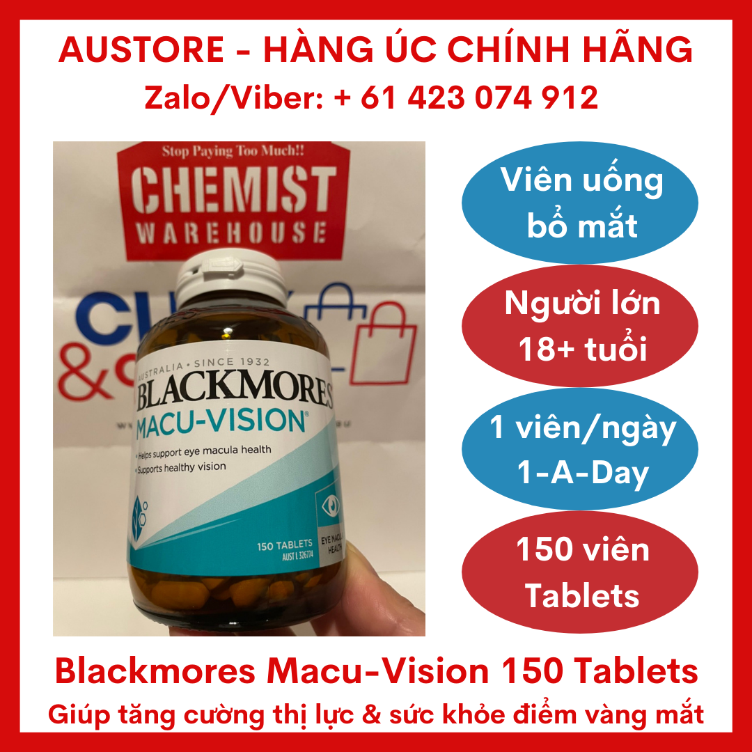 [Bill Úc, Date mới] Blackmores Macu-Vision 150 Tablets - Viên uống bổ mắt Blackmore Macu Vision giúp tăng cường thị lực & sức khỏe điểm vàng của mắt, đặt biệt phù hợp cho người già & cận thị