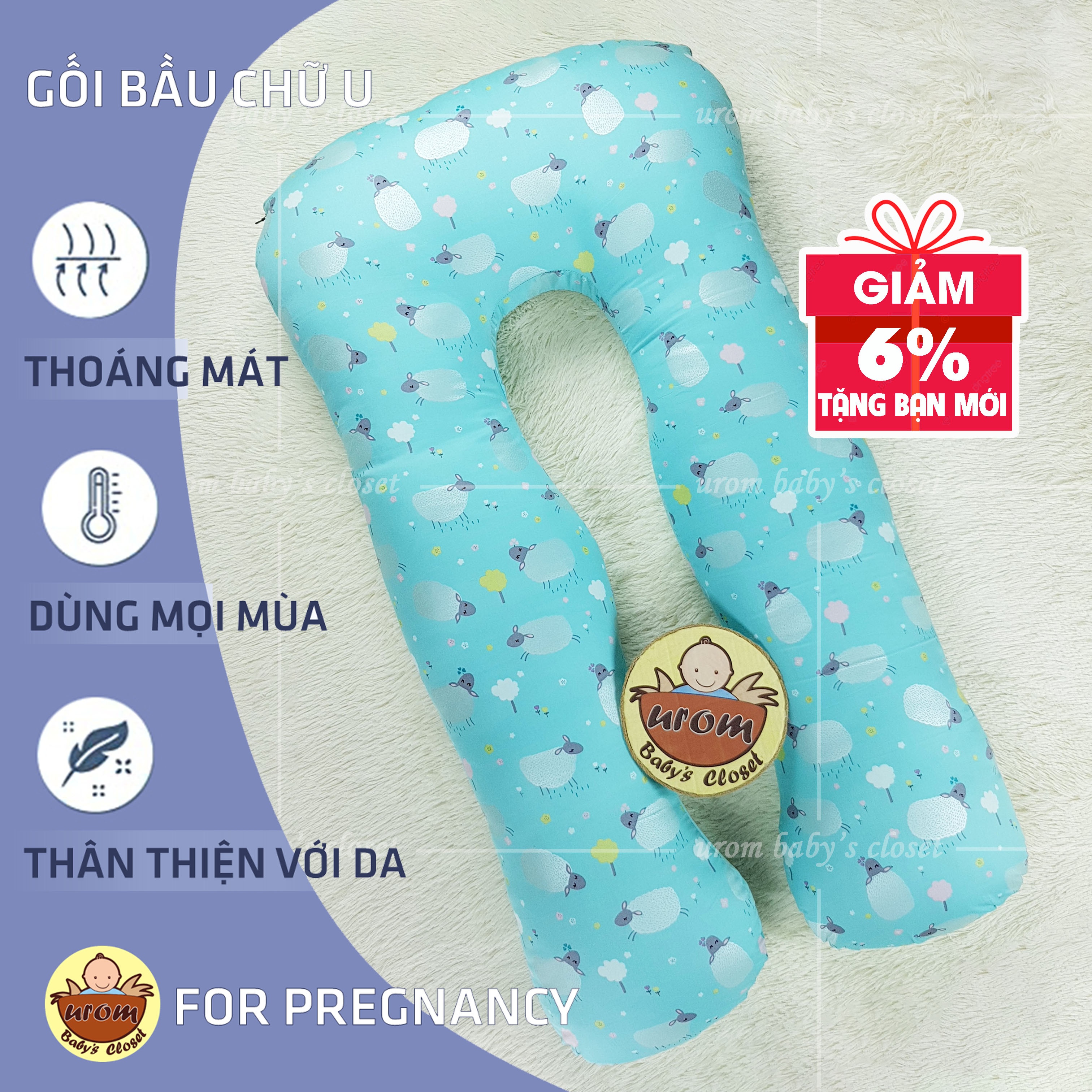Gối ôm bà bầu chữ U vỏ cotton satin Hàn Quốc cao cấp 120cm bông gòn Micro Fiber_Urombaby