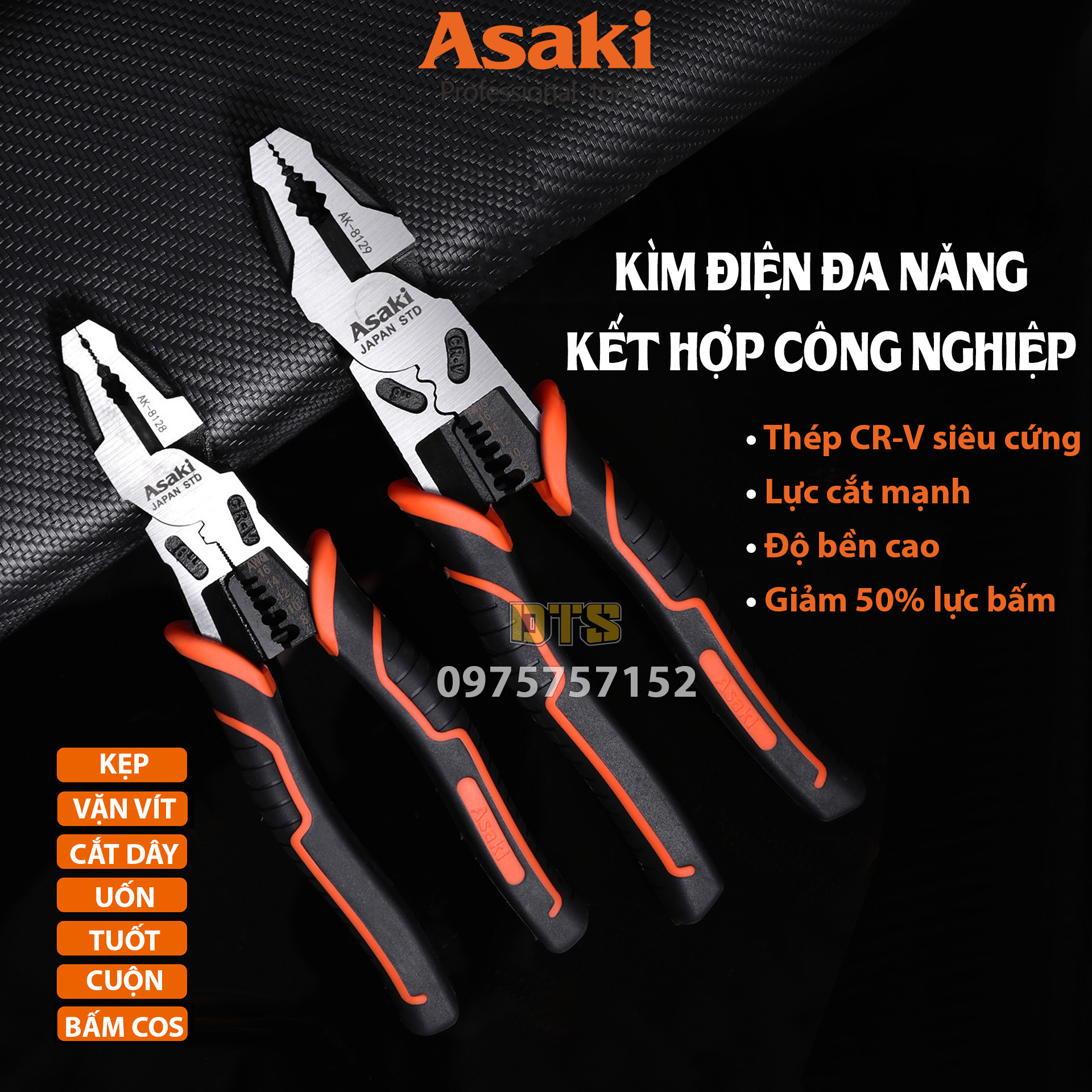 Kìm điện đa năng kết hợp công nghiệp hãng Asaki AK-8129 9 225mm