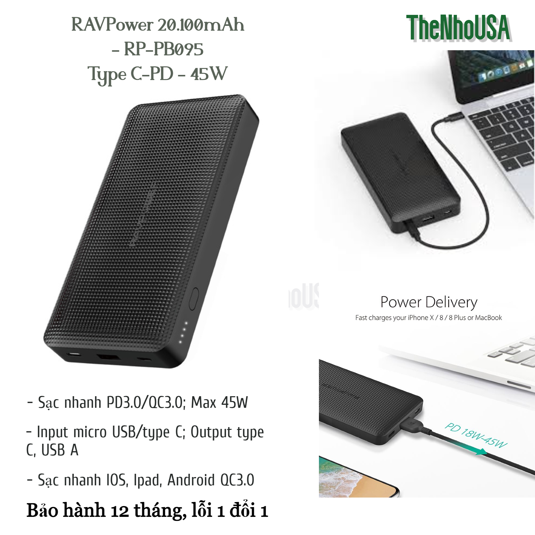 Sạc dự phòng ravpower 20100mah - 45w