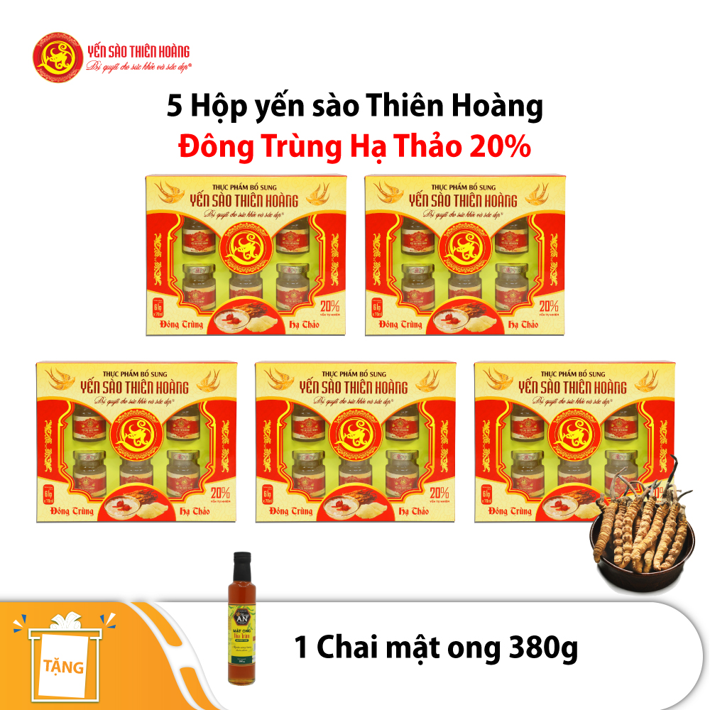 5 Hộp Yến Sào Thiên Hoàng Đông Trùng Hạ Thảo 20% (6 Lọ/Hộp) - Tặng 1 chai mật ong 380g