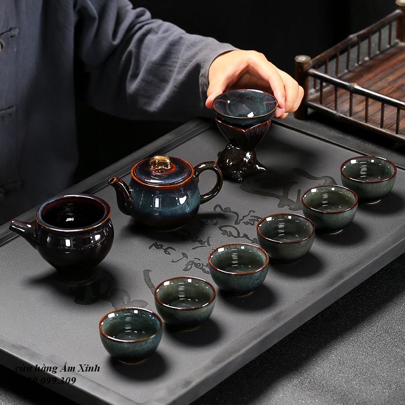 Bộ ấm chén pha trà đạo men Thiên Mục Lông Thỏ Hỏa Biến