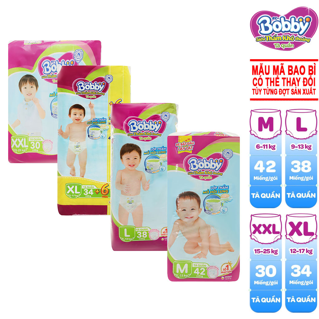 Bỉm - Tã Quần Bobby Siêu Thấm Khô Thoáng Size M42/L38/XL34/XXL30