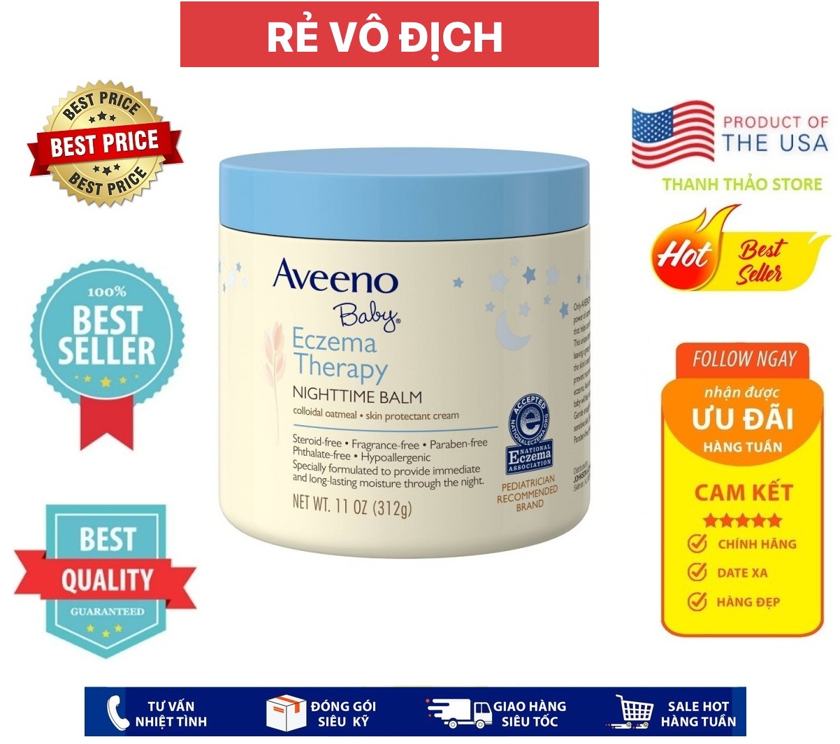Kem Dưỡng Ẩm Cho Bé Aveeno Baby Eczema Therapy Nighttime Balm 312g