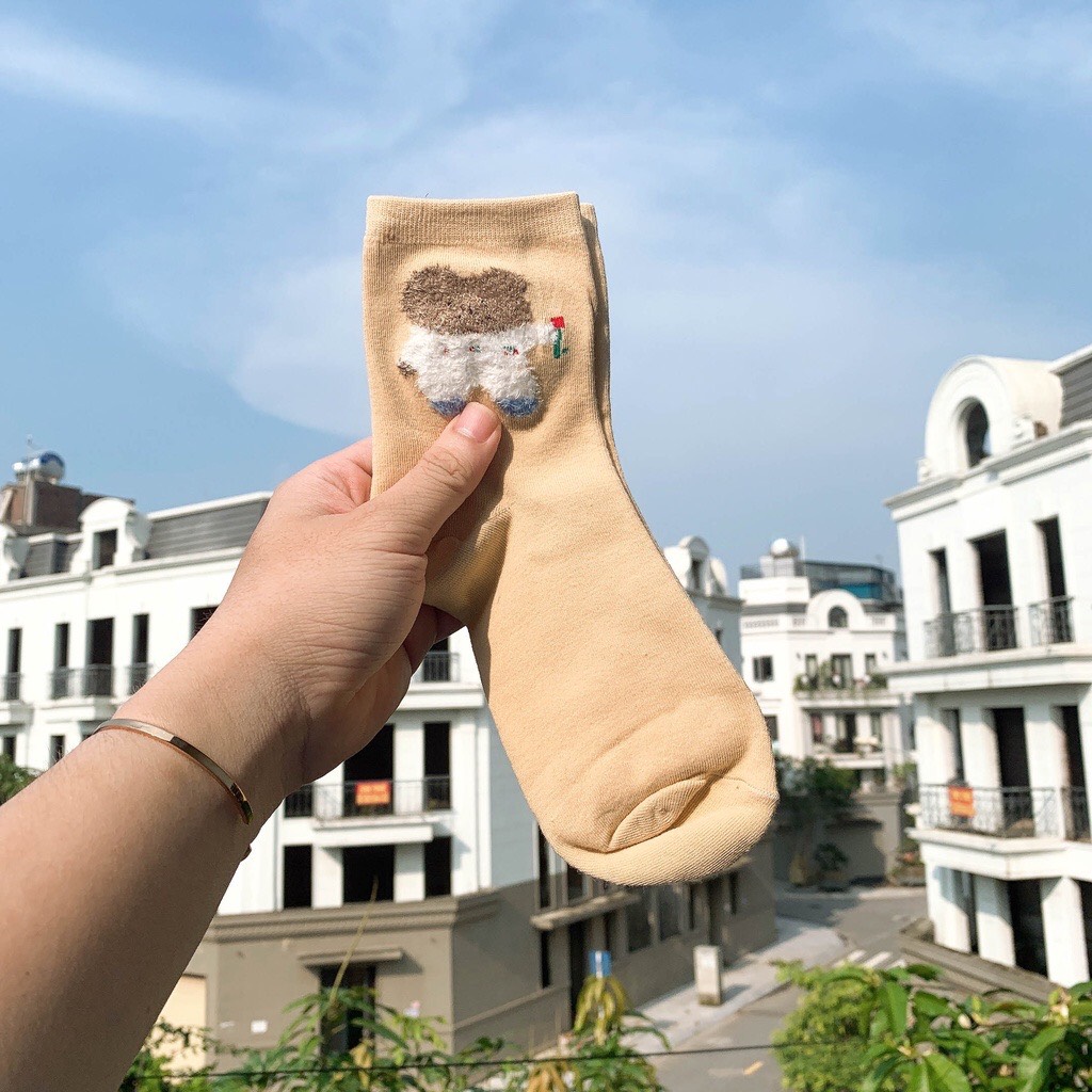 Tất thời trang thu đông cổ lửng, Tất cotton nữ mềm mịn, Tất nữ nâu hoa văn gấu