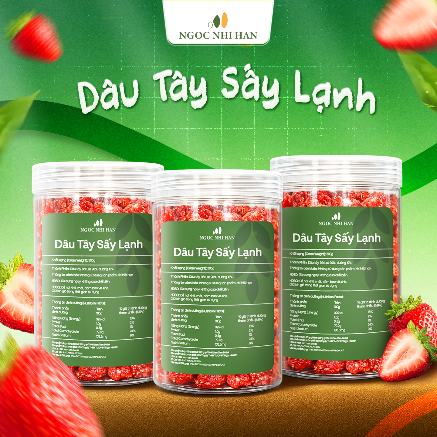 Dâu Tây Sấy Lạnh Ngọc Nhi Hân Hộp Nhựa 300g - Dâu Tây Sấy Chua Ngọt, Giòn Nhẹ, Ăn Vặt Tiện Lợi