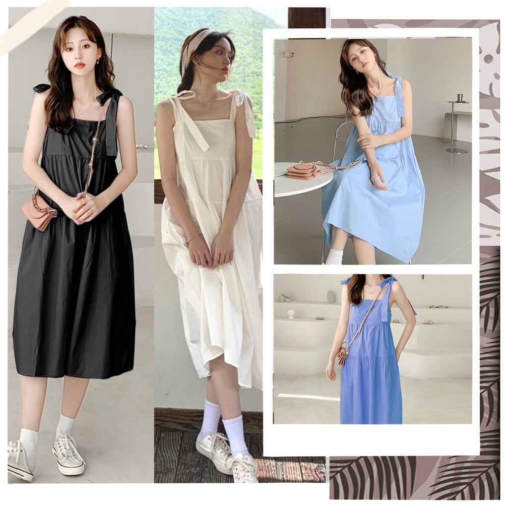 Đầm babydoll 2 dây vai thắt nơ dáng dài