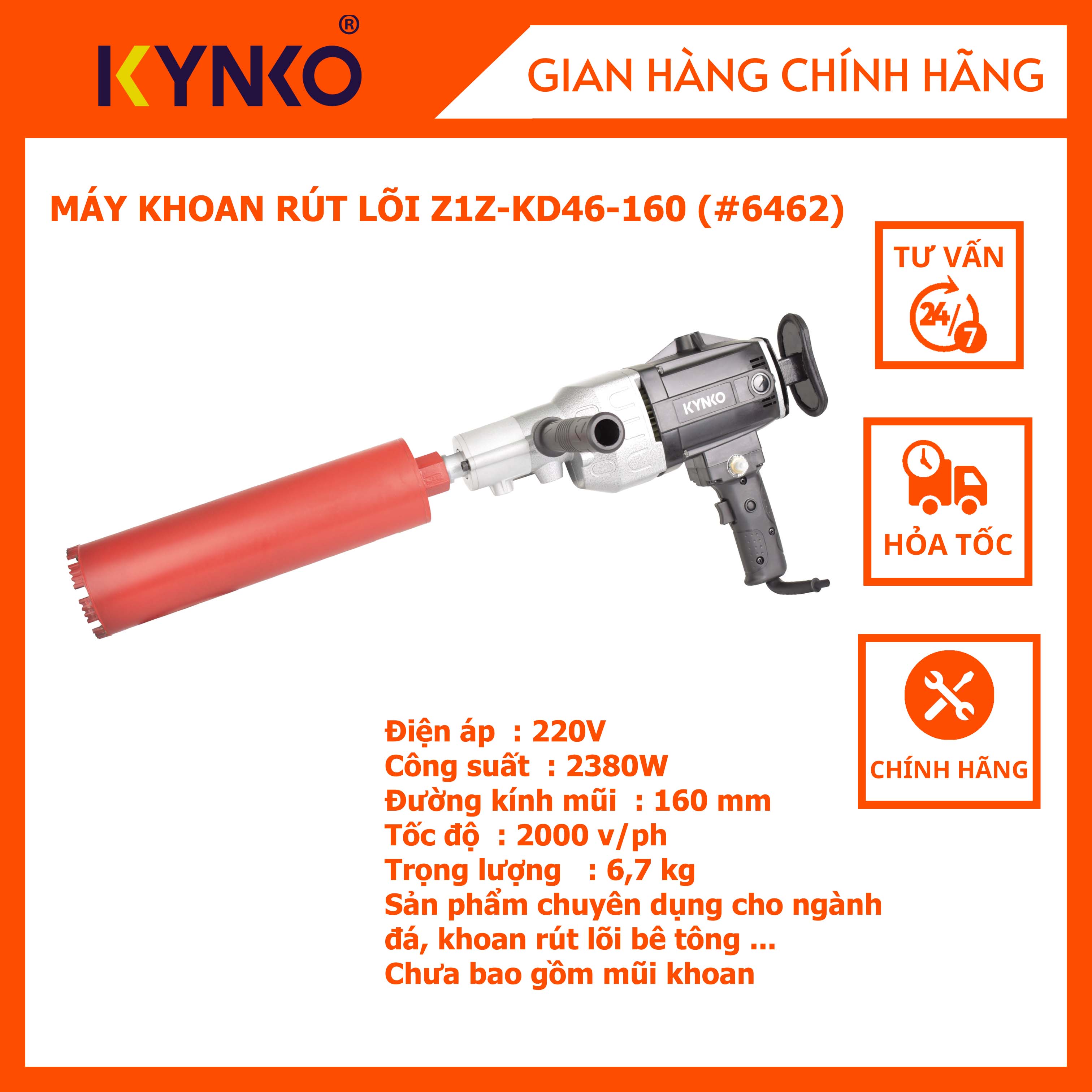 Máy khoan rút lõi đường kính 160mm Kynko Z1Z-KD46-160 cầm tay chính hãng khỏe giá tốt
