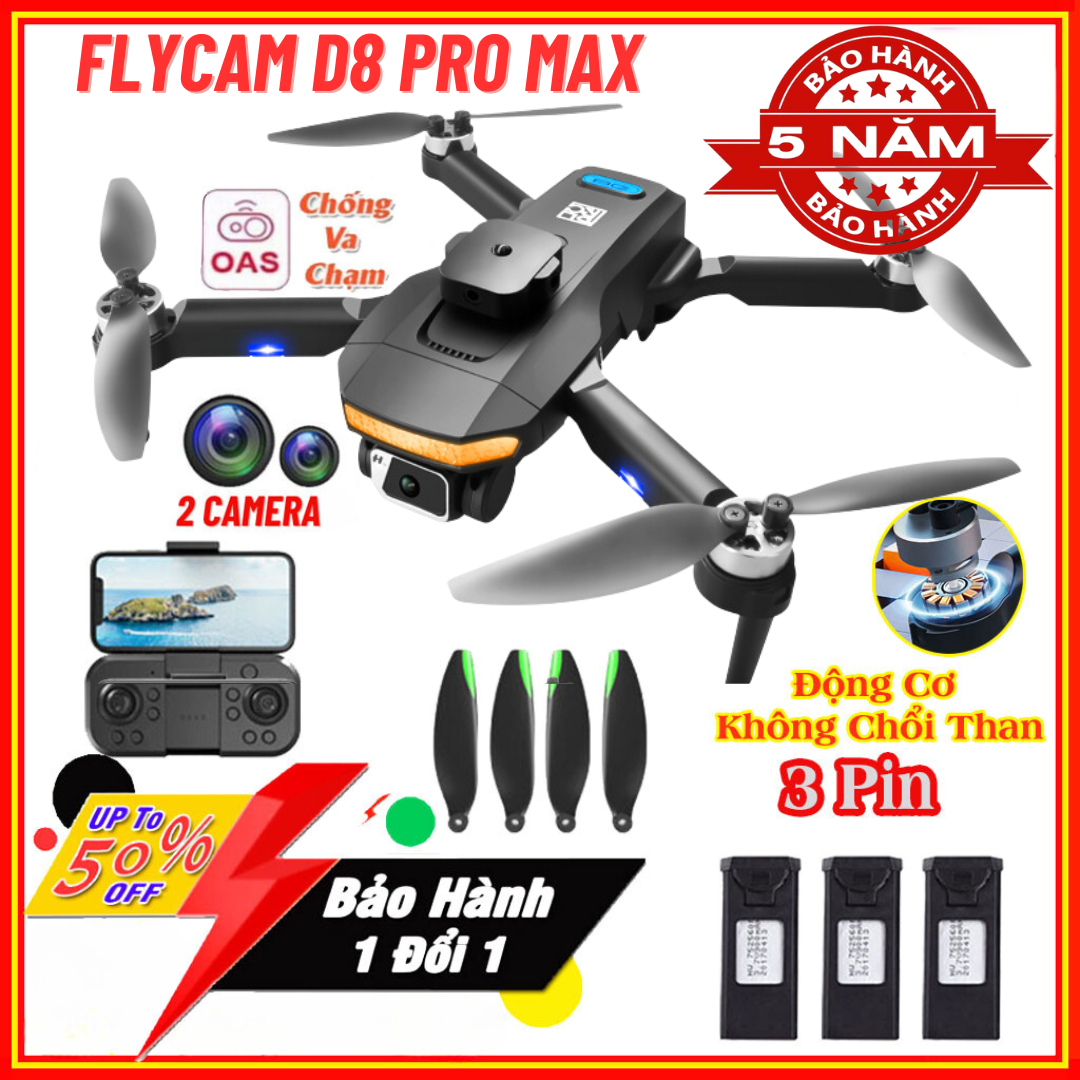 Máy Bay Camera Flycam 4K D8 Pro Max tránh vật cản, Plycam có định vị G.P.S tự quay về, không chổi than, giữ thăng bằng