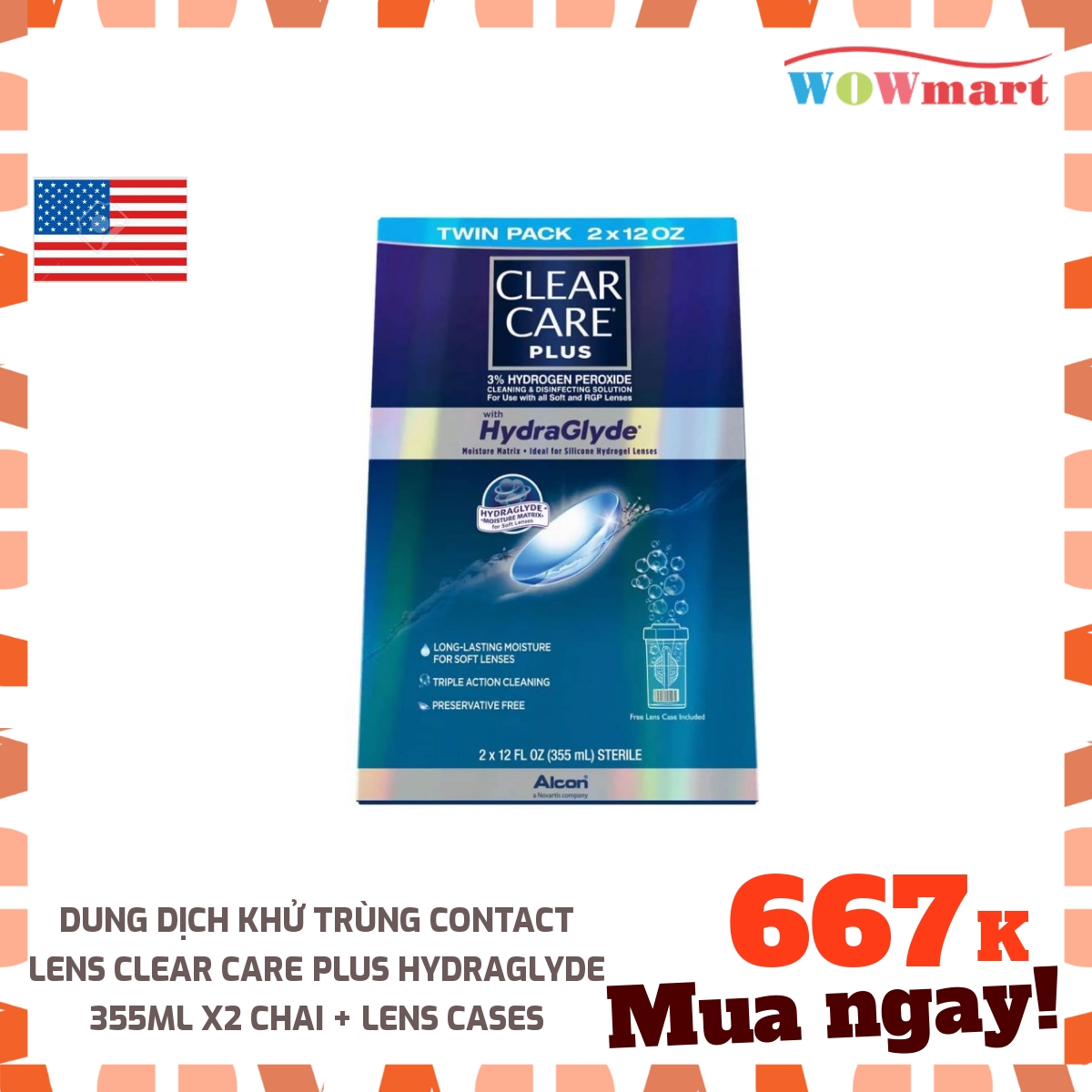 Dung dịch khử trùng contact lens Clear Care Plus HydraGlyde 355ml x2 chai + Lens Cases