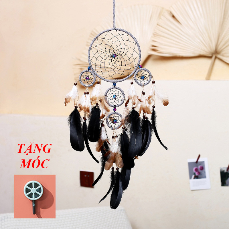 Dreamcatcher Lông Vũ Gắn Đèn Led Trang Trí Phòng Ngủ Treo Tường Tặng Móc Dán Treo Tường