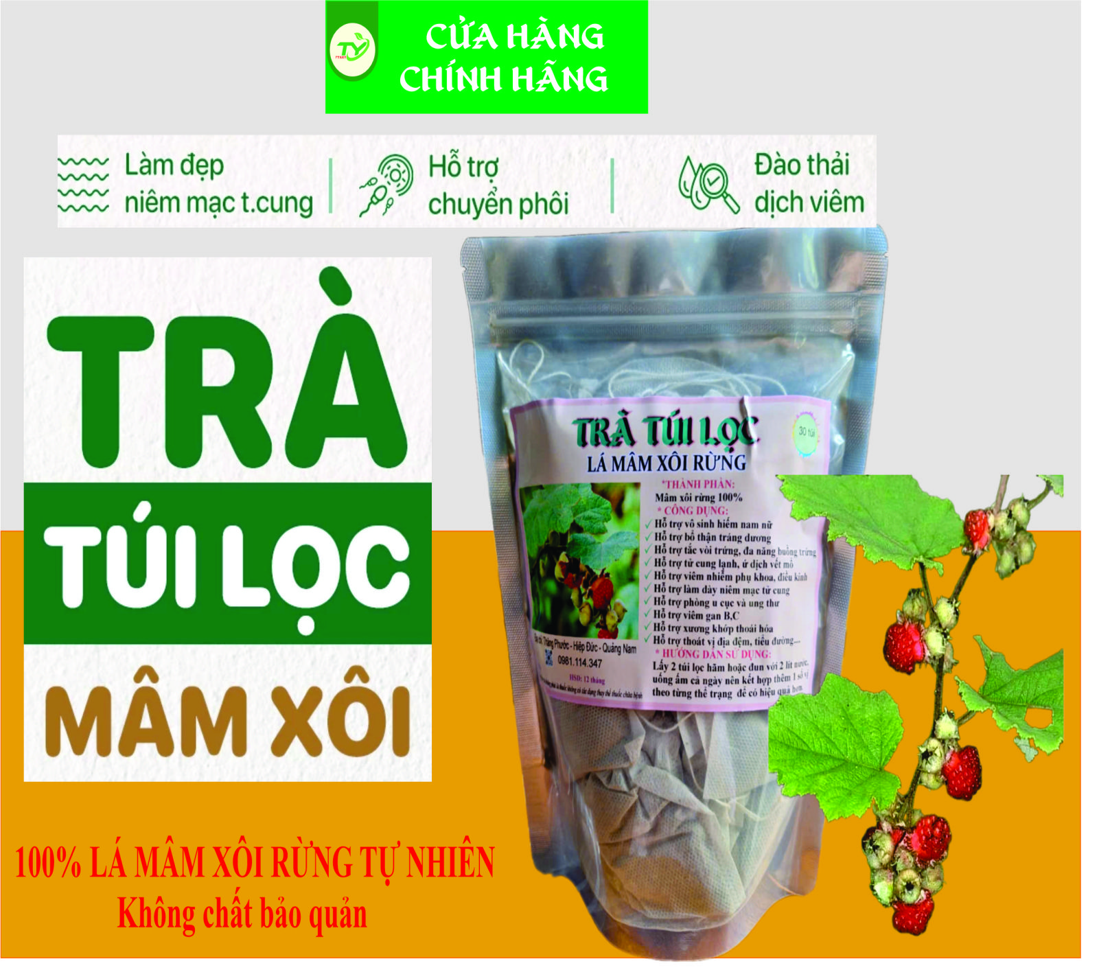 trà lá mâm xôi rừng túi lọc hỗ trợ thả tự nhiên và chuyển phôi IVF, IUI làm đẹp niêm mạc tcung