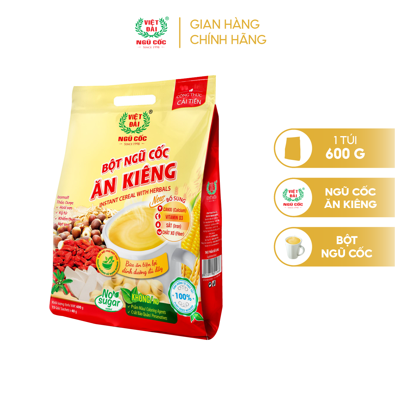 Bột Ngũ Cốc Ăn Kiêng VIỆT ĐÀI Không Đường Cung Cấp Đầy Đủ Dinh Dưỡng Cho Người Giảm Cân Túi 525g