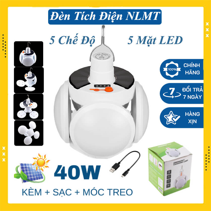 Bóng đèn tích điện 4 cánh 5 bóng sạc pin năng lượng mặt trời sử dụng từ 6 đến 8 tiếng, đèn năng lượng mặt trời 5 chế độ sáng, đèn led sạc tích điện 40W