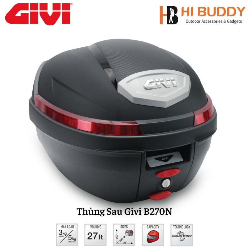 Thùng sau xe máy mô tô givi b270n dung tích 27 lít | ốp bạc cộng viền phản quang đỏ có thể chứa mũ bảo hiểm fullface