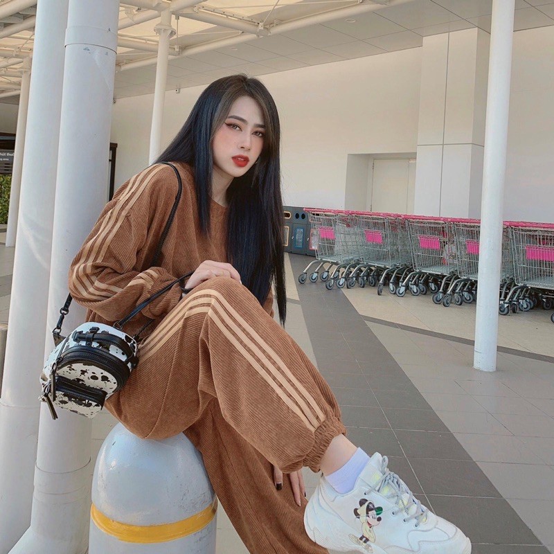 bộ thể thao nữ phối sọc kẻ chất nhung tặm bo chun siu đẹp