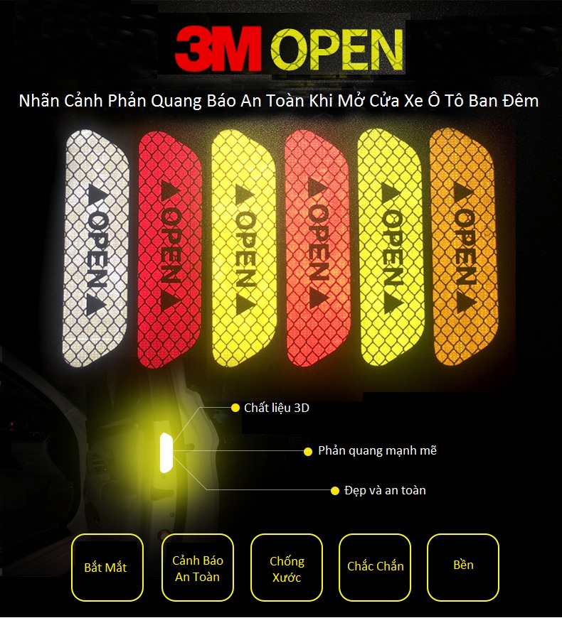 Tem decal phản quang ô tô cao cấp OPEN - Bộ đề can cảnh báo an toàn chống va chạm khi mở cửa xe hơi - HTL Shop