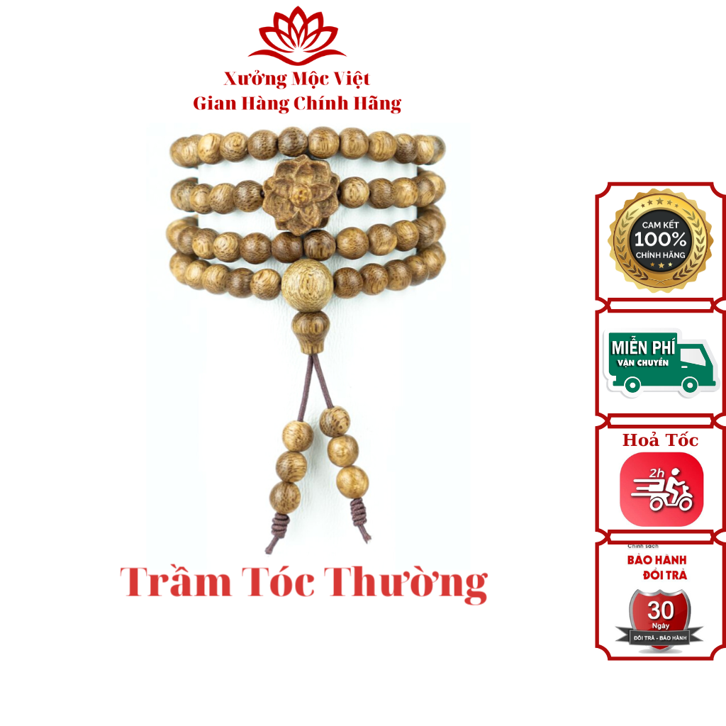 Vòng Tay Trầm Hương 108 Hạt Mix Charm Hoa Sen Xưởng Mộc Việt - Trầm Tóc Thường Size 6/7/8mm