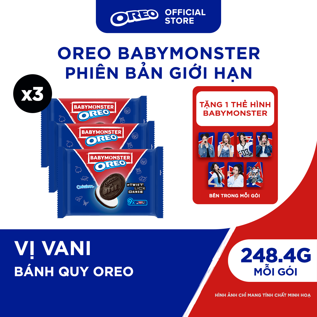 TẶNG CARD NGẪU NHIÊN OREO BABYMONSTER Bánh Quy Sôcôla Kem Vị Vani 248.4g Combo 3