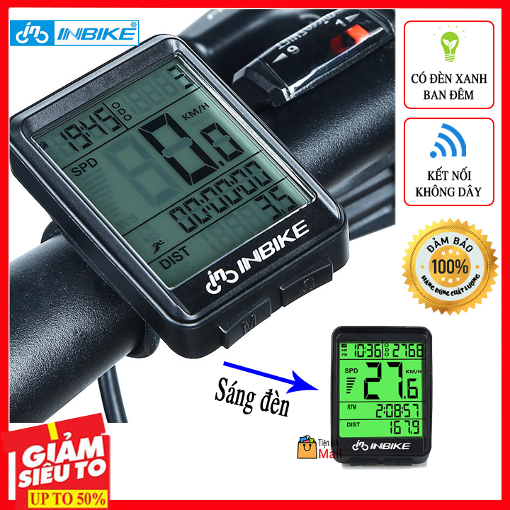 Đồng hồ đo tốc độ xe đạp thể thao không dây có đèn hiển thị km INBIKE