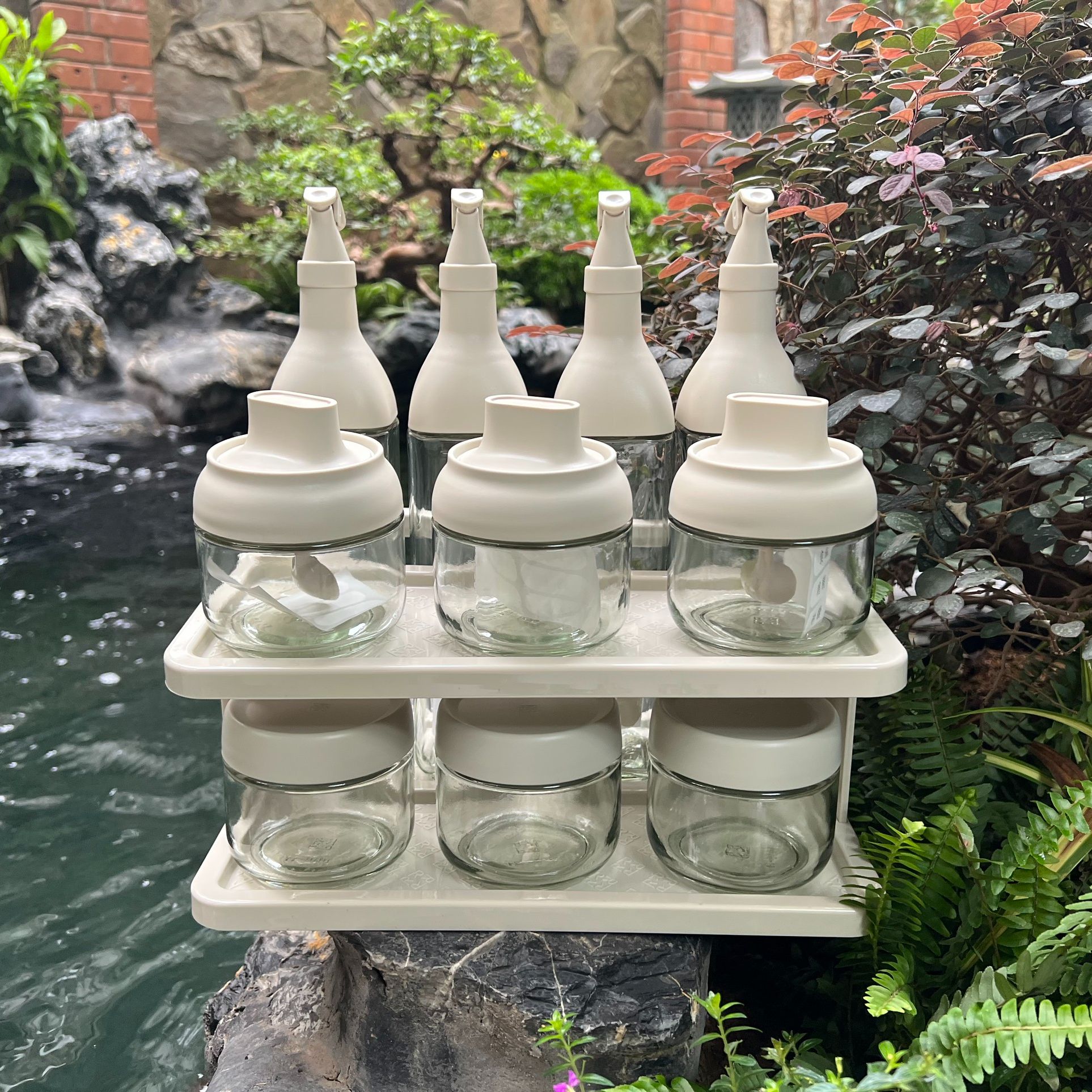 Set hũ đựng gia vị muối hạt tiêu lọ đựng dầu ăn nước mắm bằng thủy tinh nắp nhựa màu trắng đục