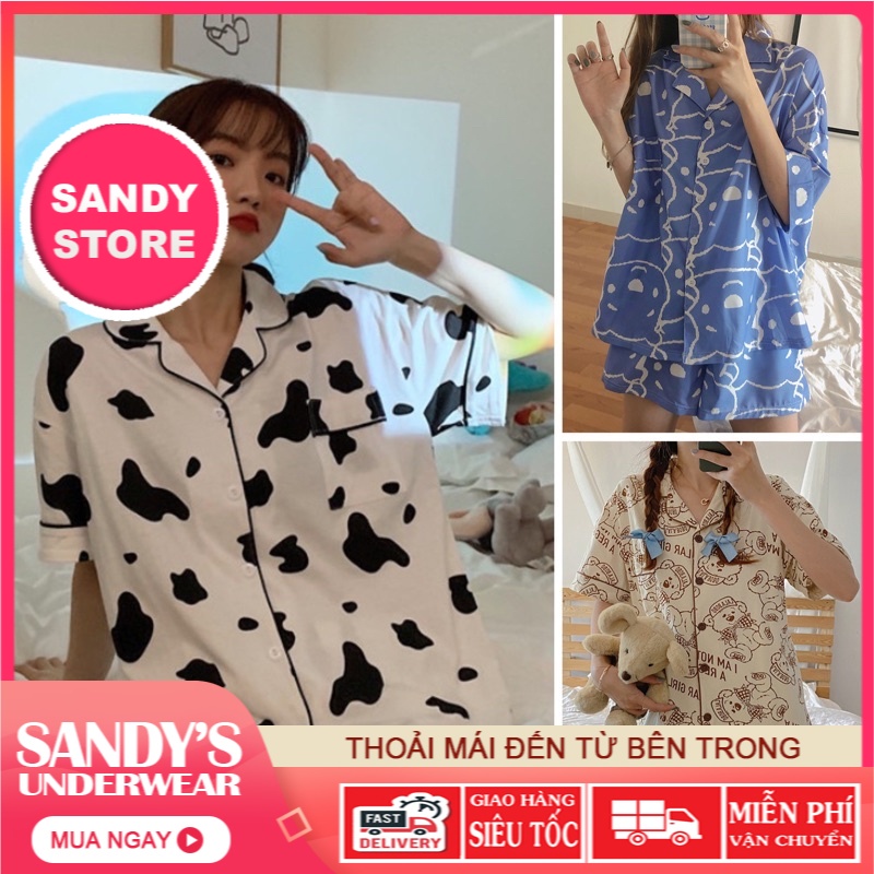 Bộ ngủ pijama hoạ tiết vải kate thái, bộ mặc nhà dễ thương sandystore