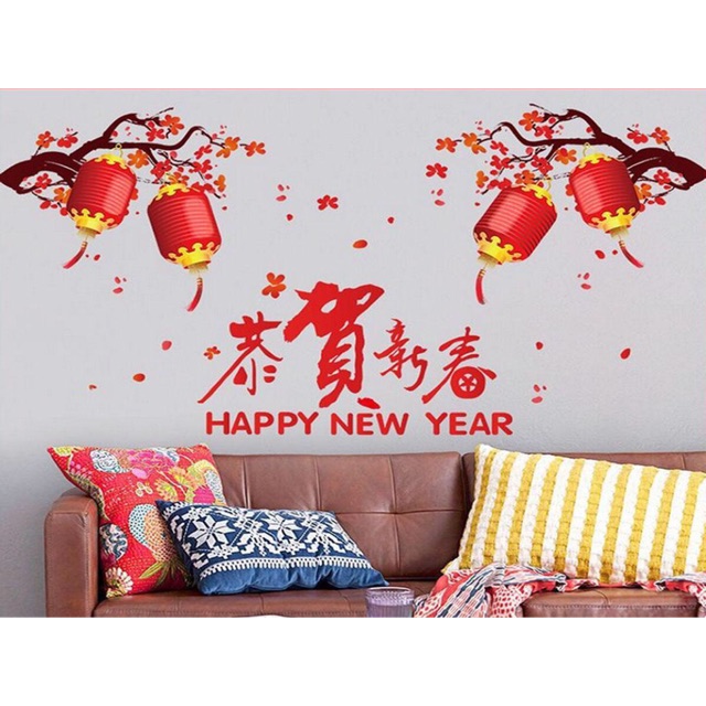 Decal dán tường cành đào đỏ lồng đèn tết trang trí năm mới