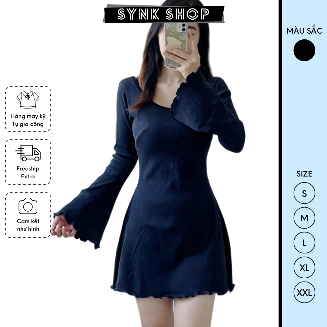 Đầm xòe dài tay nhà SYNK đầm thun gân sexy chuẩn dáng